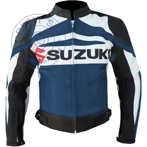 Navy Blue Suzuki Leather Biker Jacket Cowhide CE Armor Padding Motorcycle Gear - Bild 1 von 7
