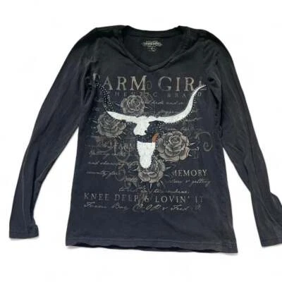 Camisa Farm Girl Pequeña Envejecida Manga Larga Marrón Vaquera Occidental Chica de Campo Foto 1 de 3