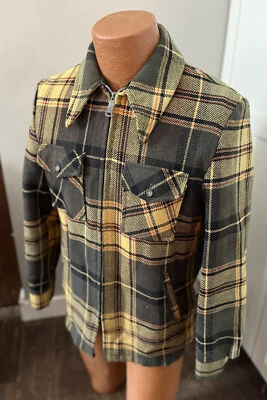 Vtg 70’s Plaid Wool  Faux Shearling Lined Shirt Jack Jacket Yellow Black Sz Sm - Image 1 of 4