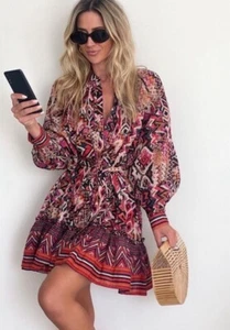 Zara Long Sleeve Mini Dress L Red Pink Geometric Tribal Print Button Front Boho - Picture 1 of 16