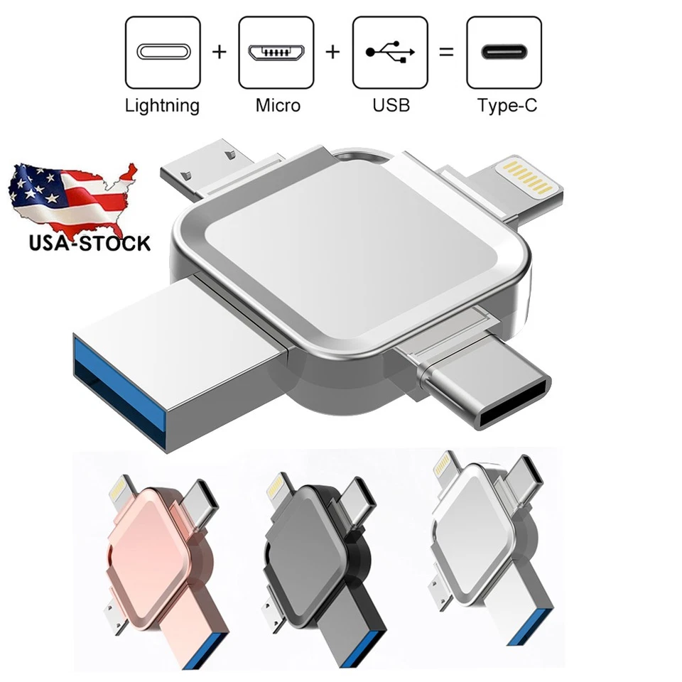 2TB 1TB Mini USB 3.0 Flash Drive 4 IN1 Memory Stick for iPhone Android Type C PC