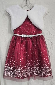 Jona Michelle Party Holiday Dress Sz 7 White Fur Coat Red Silver lined 2 Pc Knee - Picture 1 of 13
