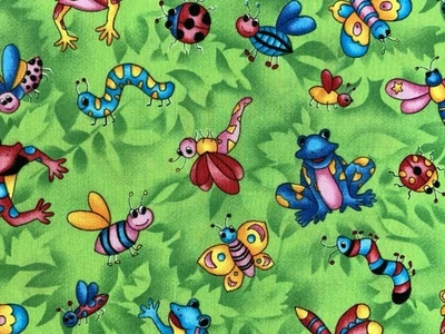 Vtg Novelty Cotton Fabric Green Colorful Frogs Butterflies Bugs Insects 62"x42" - Image 1 of 4