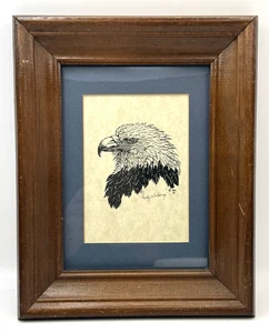 Bald Eagle Head Framed Pen & Ink Print Signed Rudy Waldroop 9-1/4" X 7-1/4" - Picture 1 of 5