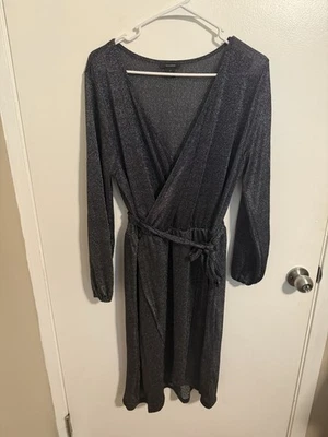 Vestido halógeno plateado lurex imitación envoltura drapeado mangas largas talla XL Foto 1 de 4