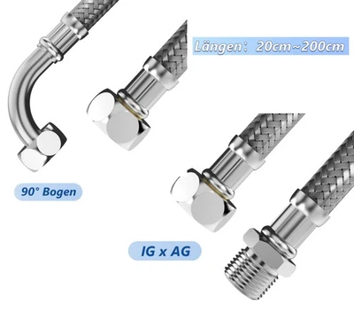 Flexschlauch Edelstahl Panzerschlauch AG x IG&90° Bogen 20-200cm Längen wählbar - Bild 1 von 4