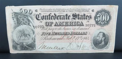1864 Confederate States of America $500 Note - Image 1 of 2
