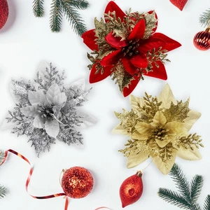 30xKünstliche Weihnachtsblumen Glitzer Weihnachtsstern Xmas Party Baumbehang Deko - Bild 1 von 25