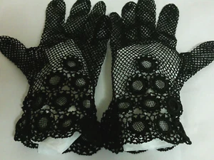 VTG Black Mourning Fishnet Hand Crochet Gothic Wedding Edwardian Costume Gloves - Picture 1 of 24