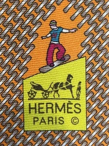 HERMES TIE Yellow 645733 PA “Ski Board" 100% Silk New in box - Picture 1 of 6