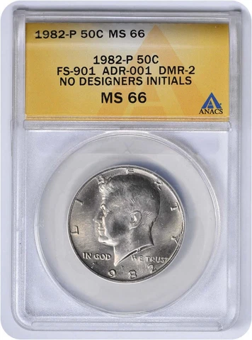 1982-P Kennedy Half Dollar No "FG" FS-901 MS66 ANACS Cover
