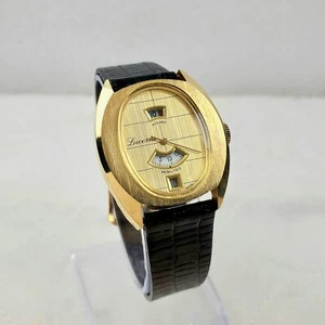 SELTENE VINTAGE LUCERNE JUMP HOUR DIGITAL SWISS HANDAUFZUG GOLD FACE HERREN UHR - Bild 1 von 10