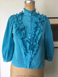 SEE BY Chloe Turquoise Blue Silk Ruffled Cropped Blouse Sz 4 - Picture 1 of 8