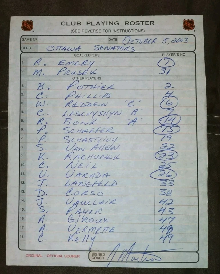 OTTAWA SENATORS BUFFALO SABRES SIGNED 2003 LINEUP CARD RAY EMERY CHRIS NEIL - Image 1 of 1