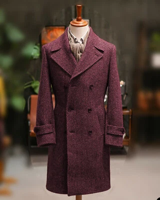 Abrigo largo de espiga para hombre Chaqueta de doble pecho Formal Boda Fiesta Ropa Foto 1 de 4