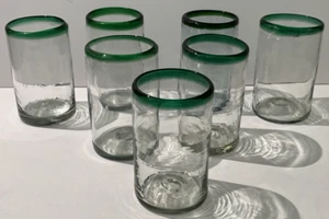 7 Green Rimmed Bubble Glass-Mexican Hand Blown Highball Glasses 16 oz / 5.25" EC - Picture 1 of 16