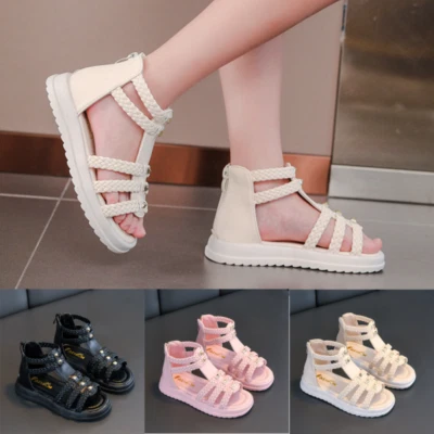 Girls Roman Sandals Strappy Rivet Flats Kids Summer Holiday Beach Princess Shoes - Image 1 of 4