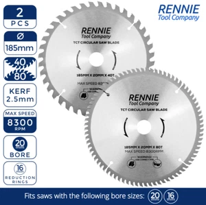 2 x TCT Circular Saw Blade 185mm x 40T & 80T x 20mm Bore Fits Evolution Etc - Picture 1 of 9