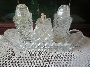 VINTAGE DIAMOND CUT CRYSTAL CRUET SET ON TRAY - Picture 1 of 11