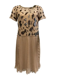 BETTY BLUE Women's Tan Short Sleeve Pleated Sequin Dress NWT $490 - Picture 1 of 3