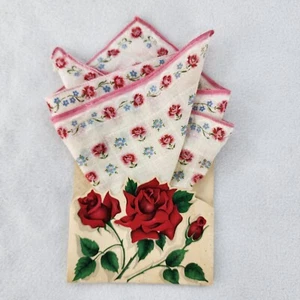 Vintage Handkerchief In 8x4 Paper Envelope 11.5"sq Red Roses Flawed 5 NP 91 A - Picture 1 of 15