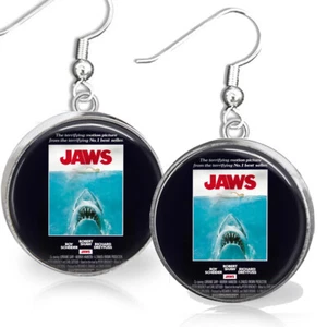Jaws Movie Poster Earrings Vintage Movie Poster Artisan Dangle Sterling Silver - Picture 1 of 3