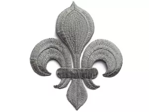 Fleur de Lis Silver Metallic Applique Embroidered Iron On Patch 4 Inches - Picture 1 of 1