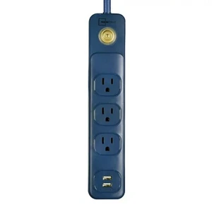 Mainstays 6' 14/3 SJT 3-Outlet Washed Indigo Retro Design Power Strip W/ 2 USB P - Picture 1 of 6
