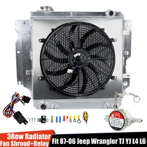 3 Row Aluminum Radiator+Fan Shroud Relay For Jeep 1987-2006 Wrangler TJ YJ L4 L6 - Picture 1 of 12