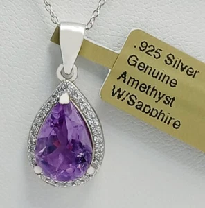 GENUINE 4.08 Ct AMETHYST & WHITE SAPPHIRE PENDANT NECKLACE .925 Sterling Silver - Picture 1 of 5