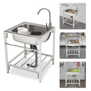 Commercial Stainless Steel Sink Outdoor Single-Bowl Utility Sink With Faucet US - Picture 1 of 17