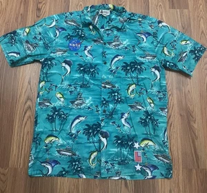 Aloha Republic Shirt Mens Large Teal Hawaiian Fishing Marlin NASA Patch Made USA - Picture 1 of 11