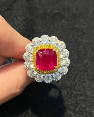 11.89Ct Cushion Cut Natural Ruby & Diamond Wedding Ring 14K White Gold Size 7 8 - Image 1 of 4