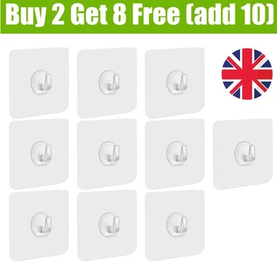 10PC Wall Door Hook Self Adhesive Heavy Duty Hanger Sticky Kitchen Bathroom Tidy - Image 1 of 4