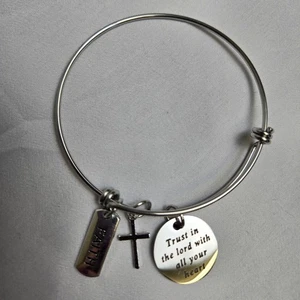 Christian Faith Bible Verse Scripture Charm Bangle Bracelet, Silver Tone - Picture 1 of 4