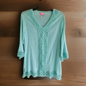 New Isaac Mizrahi Turquoise Lace V Neck Daisy Cover Up Medium Vacation Resort - Picture 1 of 5