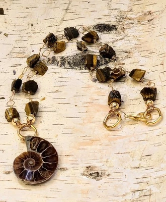 Genuine Ammonite Fossil Pendant & Raw Rough Tiger's Eye Gold Plated Necklace  - Image 1 of 4