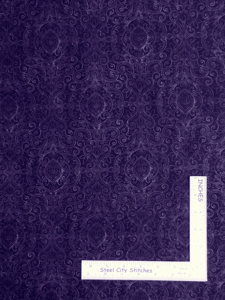 Dotted Damask Purple Tonal Accent On Pansies Cotton Fabric Benartex By The Yard - Image 1 of 1
