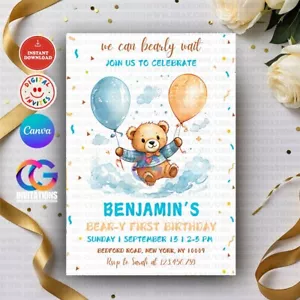 EDITABLE Bear-y first Birthday Invitation, Birthday party with Balloons Invite - Picture 1 of 9