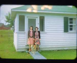 Kodachrome Slide 1948 Photo 2 Woman & Dog Standing Outside Cabin Family Vacation - Picture 1 of 3