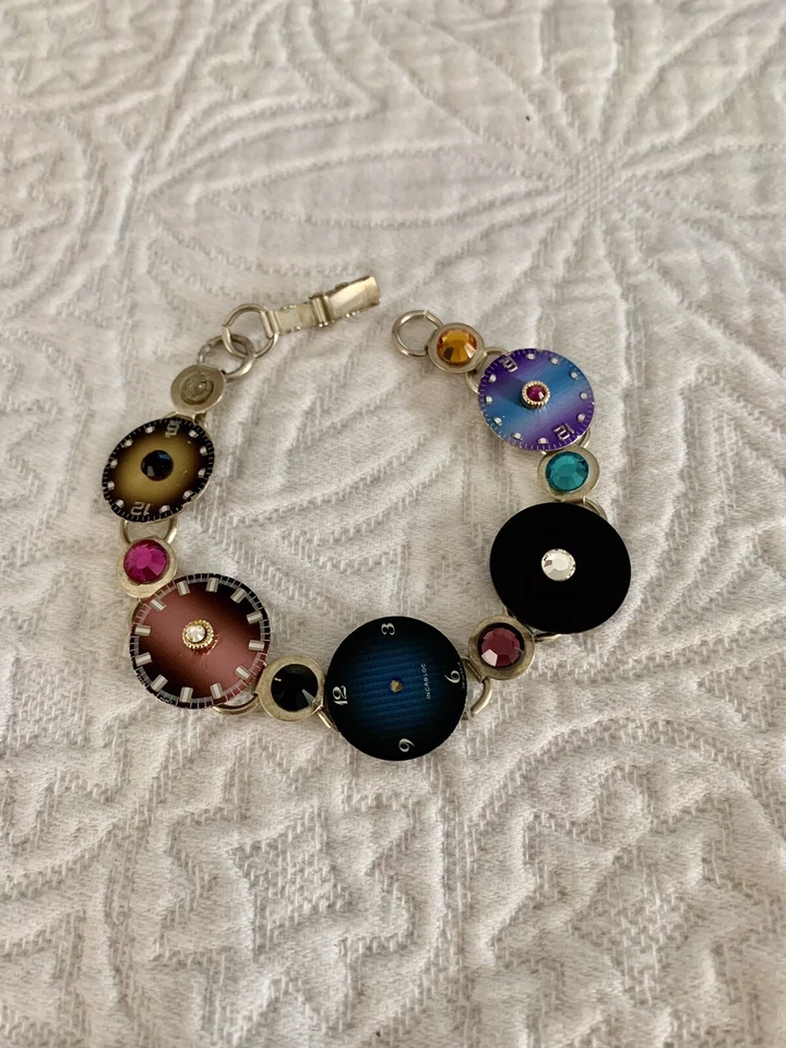 Steampunk Art Bracelet- Color Watch Faces-Crystals-Vintage-SS925 - Image 1 of 2