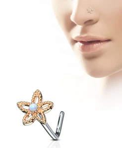 Nose L Bend Ring Flower Daisy Opal Gem 6mm Head Rose Gold IP20 Gauge 1/4" - Picture 1 of 3