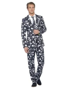 Mens Black & White Halloween Skeleton Skull Death Suit Fancy Dress Costume - Picture 1 of 6