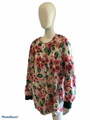 LANDAU Scrub Top LS Jacket Blue Poinsettia Christmas Red Green Snaps - Image 1 of 4