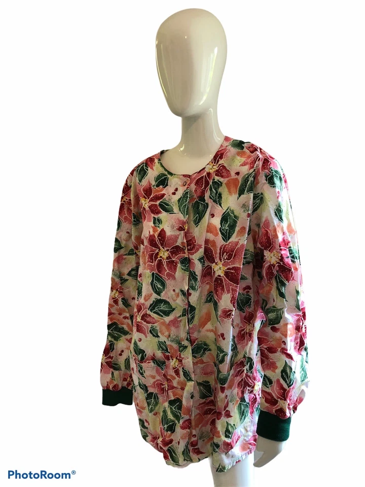 LANDAU Scrub Top LS Jacket Blue Poinsettia Christmas Red Green Snaps - Image 1 of 4