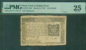 NEW YORK Colonial Note 1776, $1/6, Fr. #NY-186, PMG Grade 25 Very Fine - Picture 1 of 2