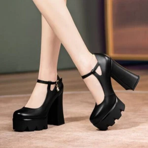 Womens Leather Summer Round Toe Buckle Straps Platform High Block Heels Sandals - Picture 1 of 16