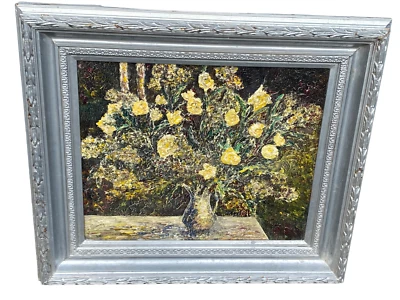ANCIEN GRAND TABLEAU PEINTURE SUR HUILE NATURE MORTE BOUQUET DE FLEUR CADRE BOIS - Photo 1/4
