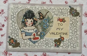 Vtg. Early 1900s UNUSED Valentine Postcard Pretty Girl Hearts Butterfly Flowers - Picture 1 of 3