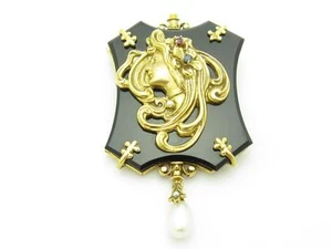 14k Yellow Gold Ruby Sapphire Victorian Onyx Lady Vintage Estate Brooch/Necklace - Picture 1 of 1